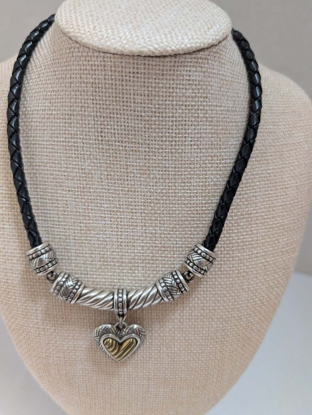 Brighon Black Braided Cord Necklace Silver Tone Gold Accent Heart Pendant
